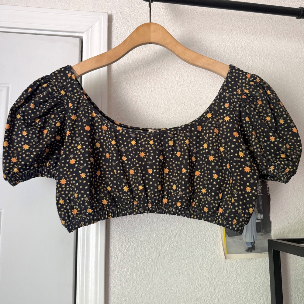SAMANTHA PLEET black yellow floral puff short sleeve cropped scoop neck blouse